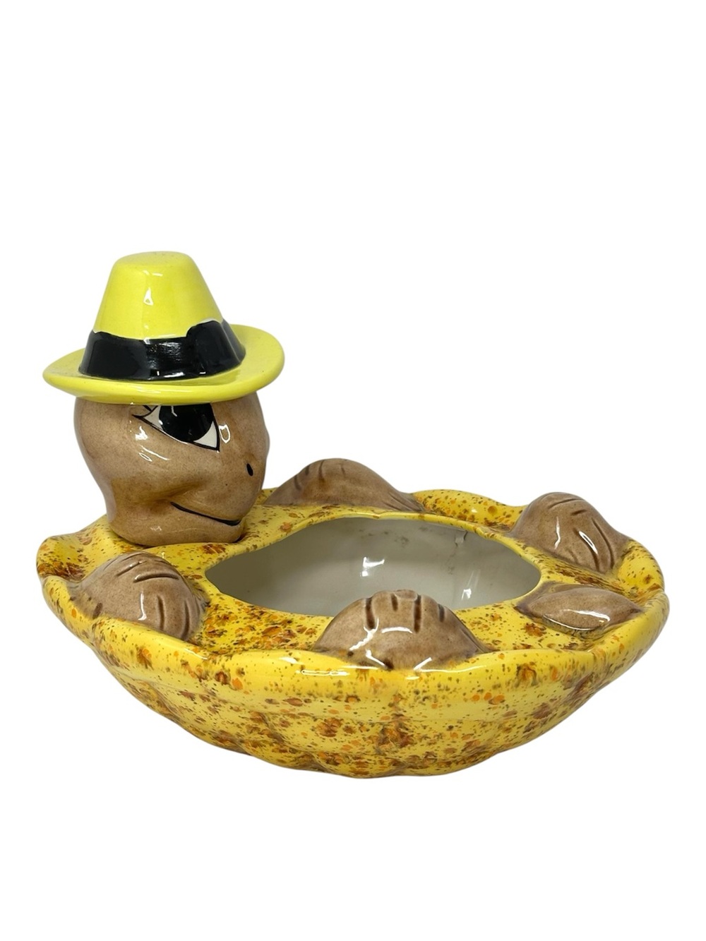 Vintage Ceramic Turtle Planter/Bird Bath with Fedora Hat Whimsical Retro Novelty